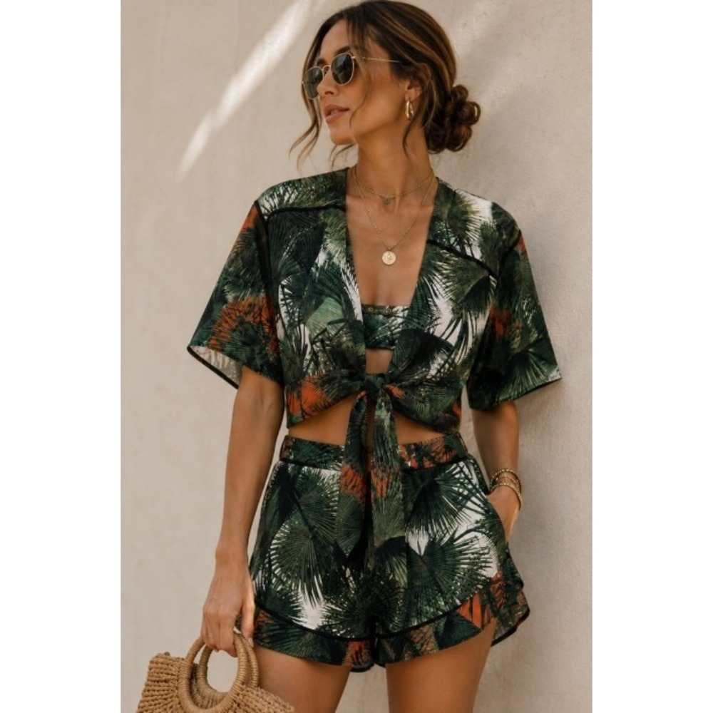 C&A Tropical Palm Print Two Piece Set S/M Green High Waist Shorts Crop Top